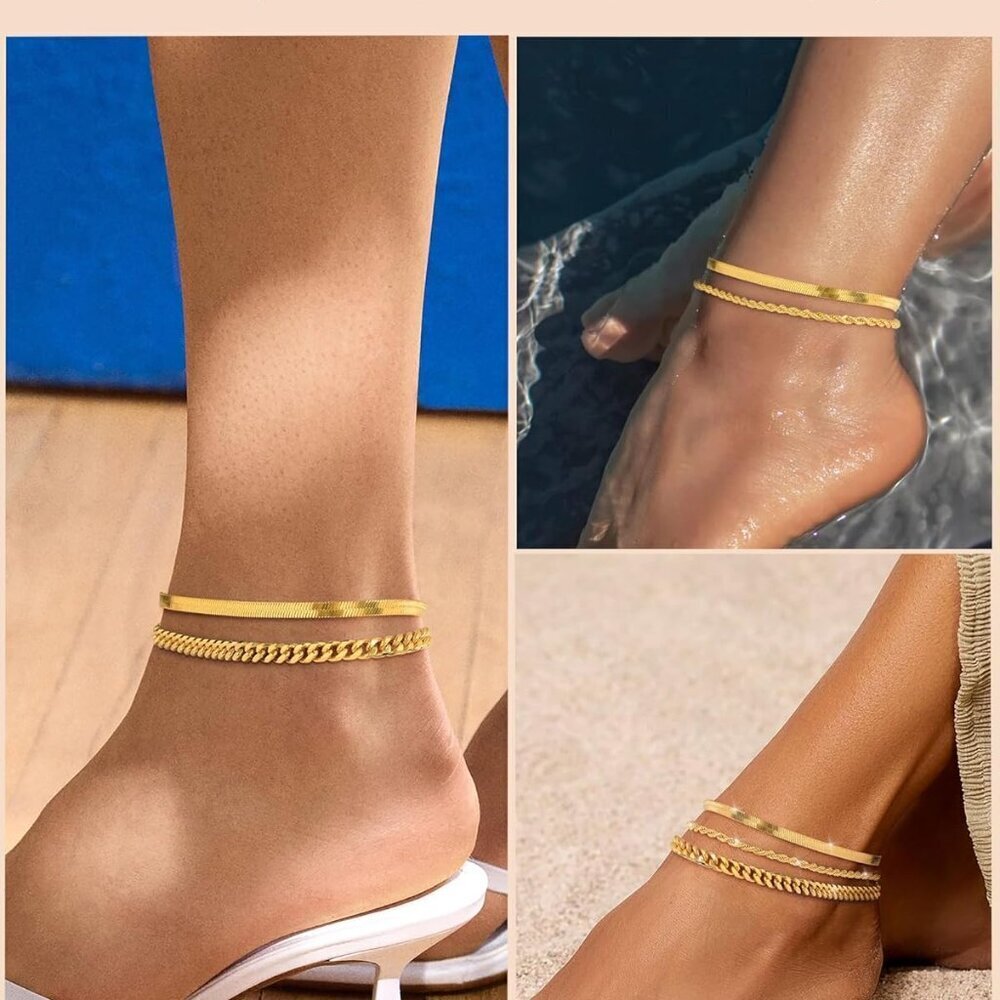 Women's Gold Silver Anklets Set 14K Plated Cuban Heart Layered Beach Jewelry - Picture 5 of 9